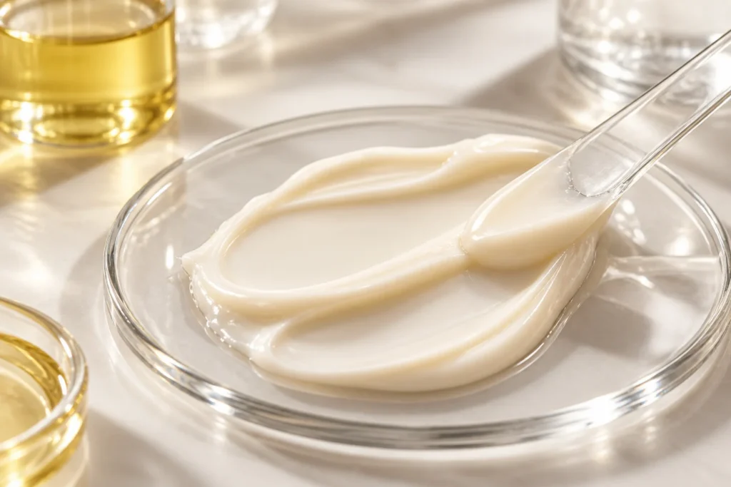 Tranexamic Acid Brightening Essence Cream — Simmondsia Chinensis Seed Oil formulation concept